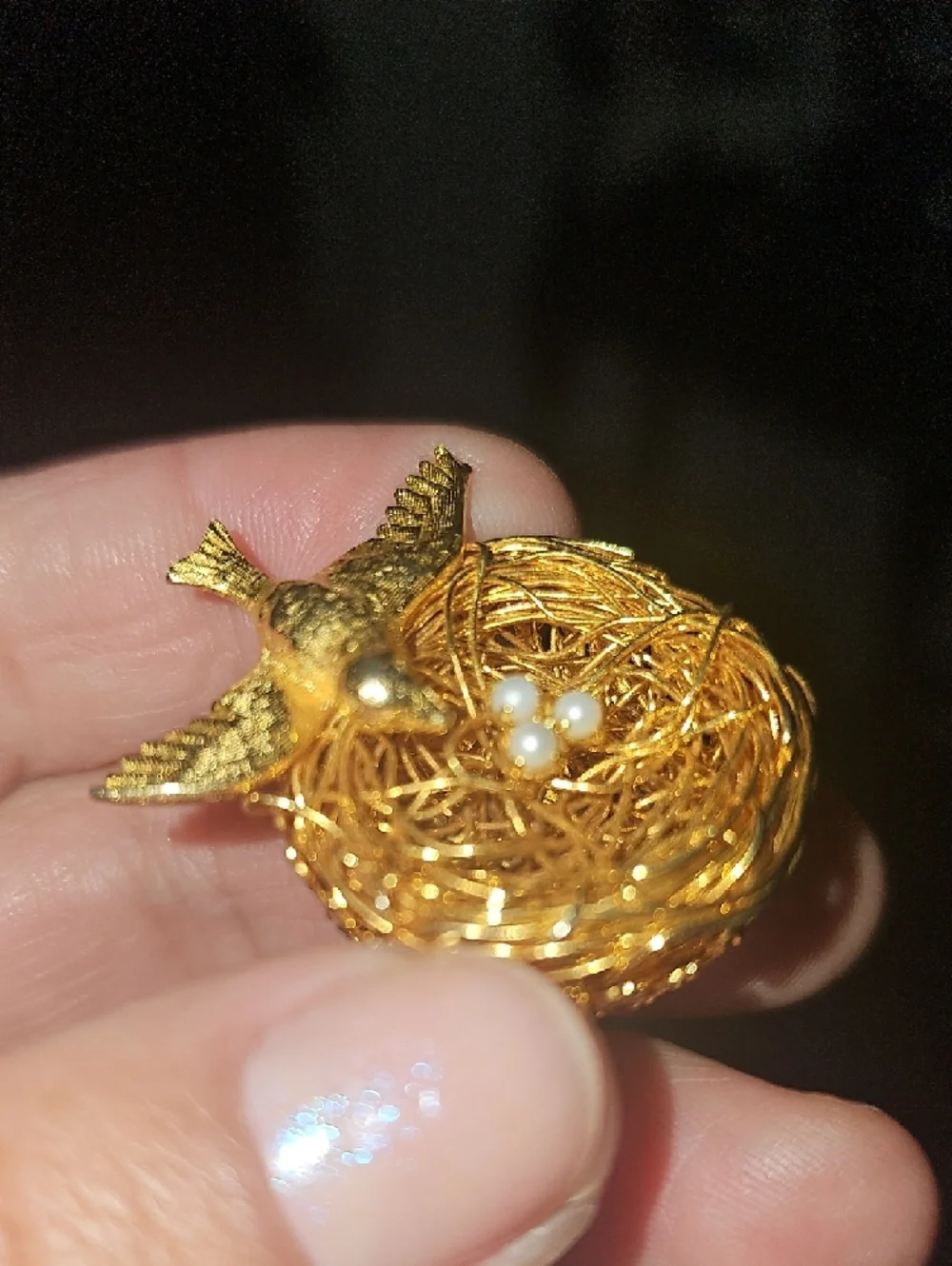 Gold Bird on Nest Brooch with Pearl Eggs - Gold
